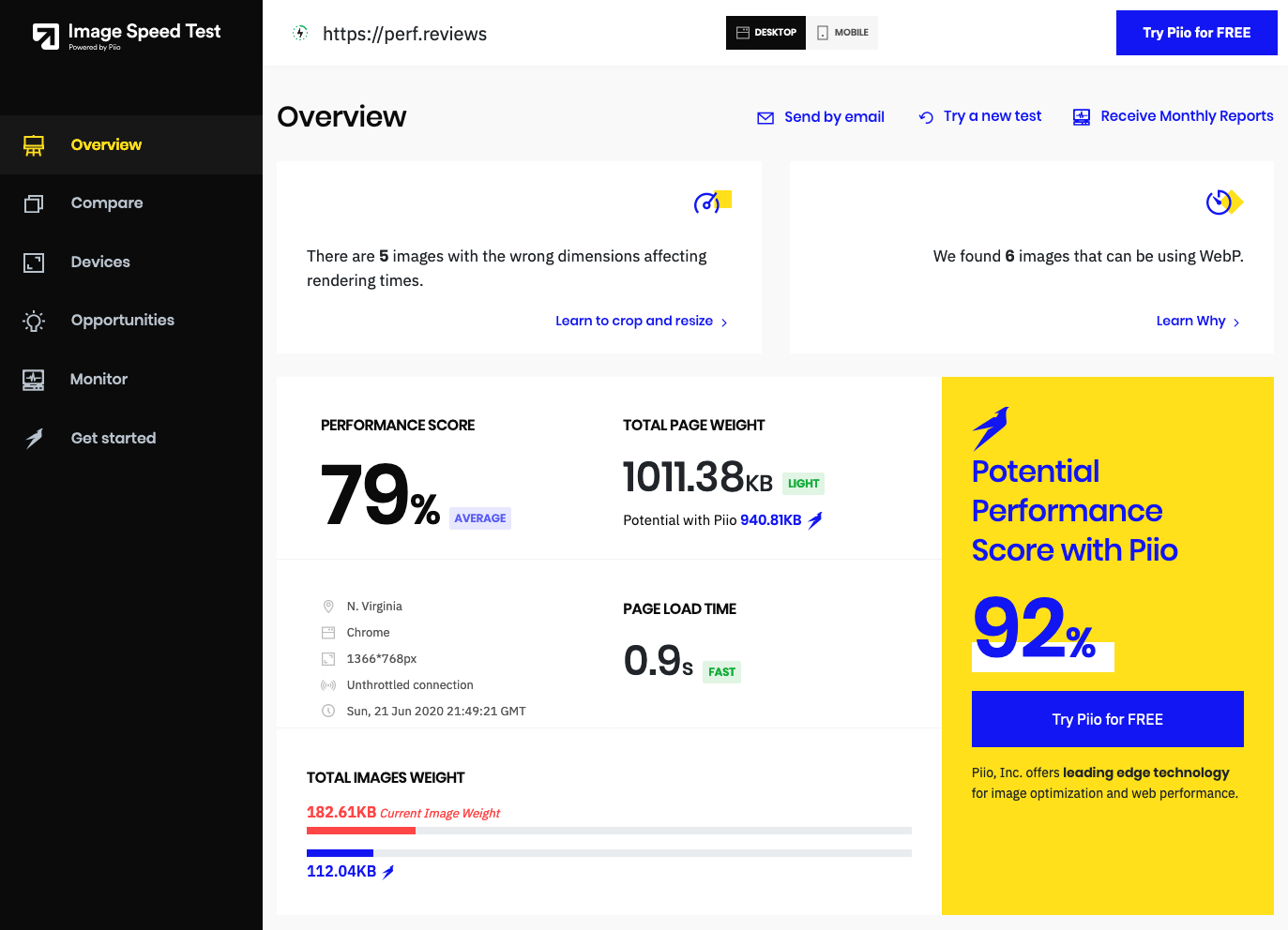 Extracto de un test de Image Speed Test de perf.reviews