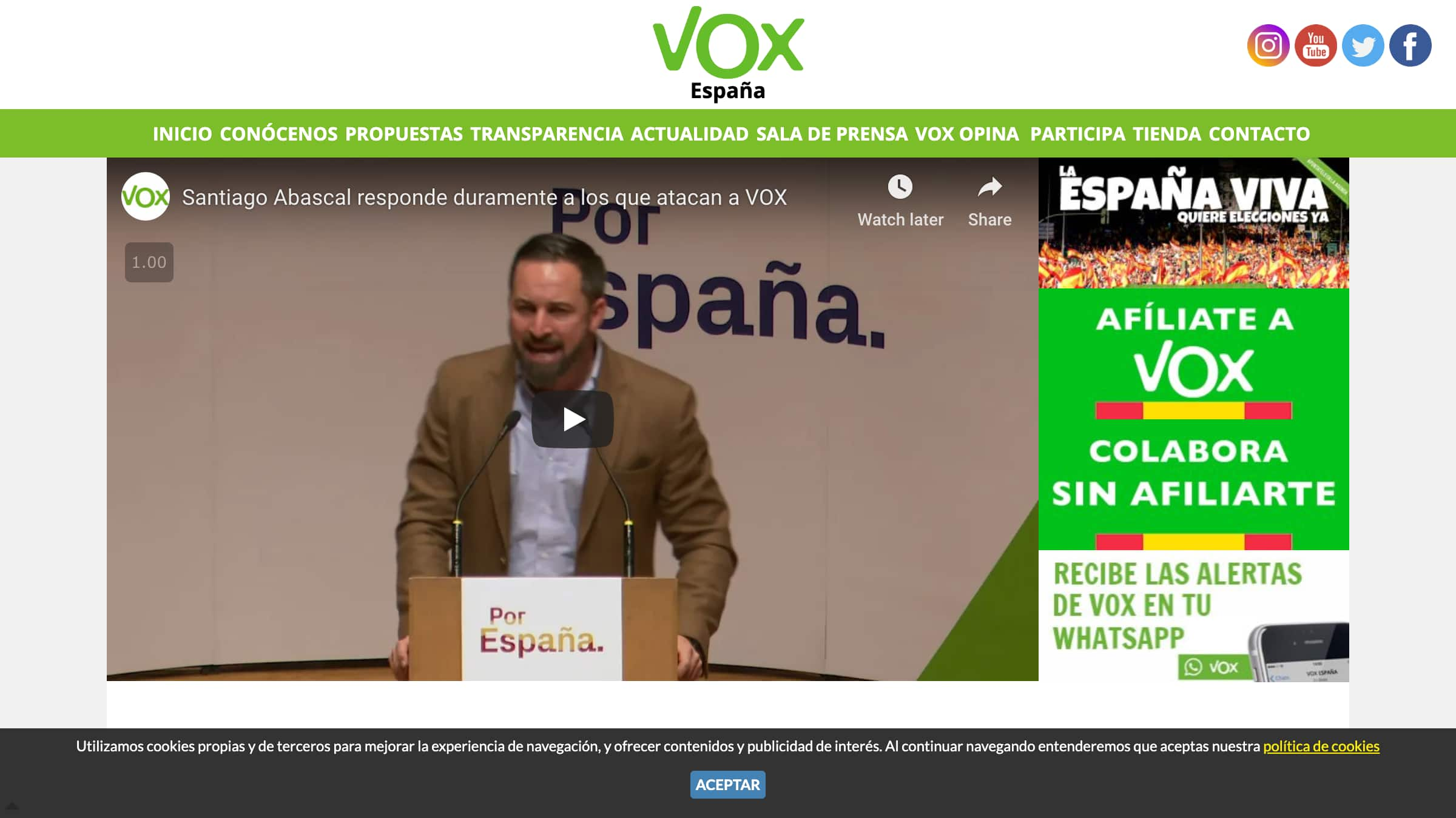 Captura de pantalla de la web de VOX