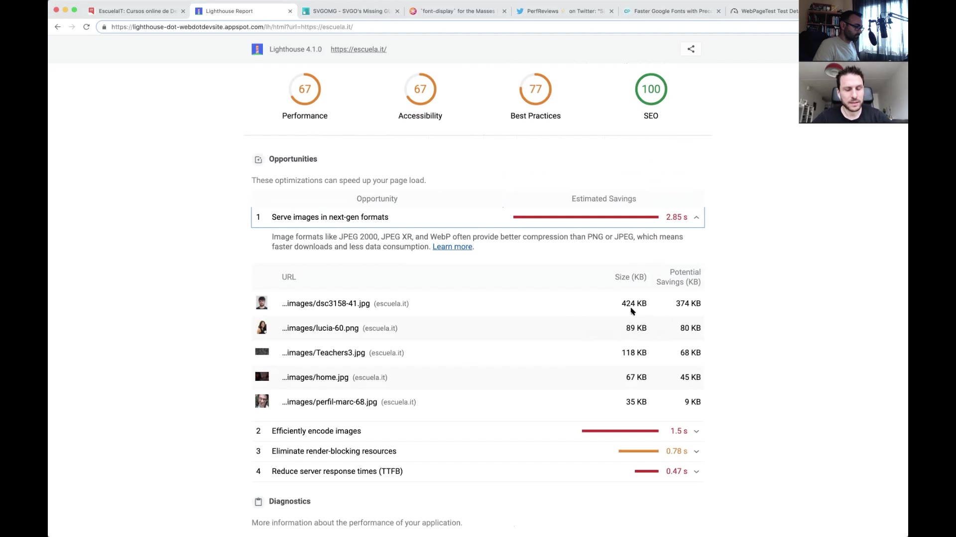 Detalle de los consejos de Lighthouse para mejorar cómo se sirven imágenes en la web de Escuela IT