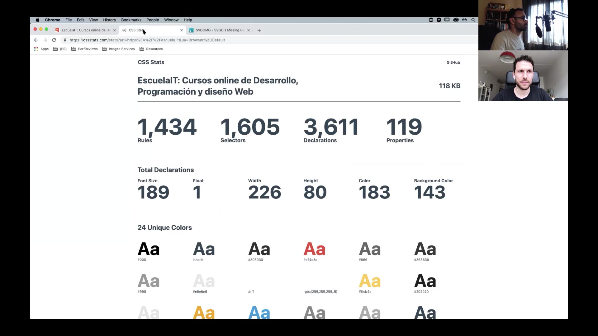 Informe de CSS Stats en la web de Escuela IT