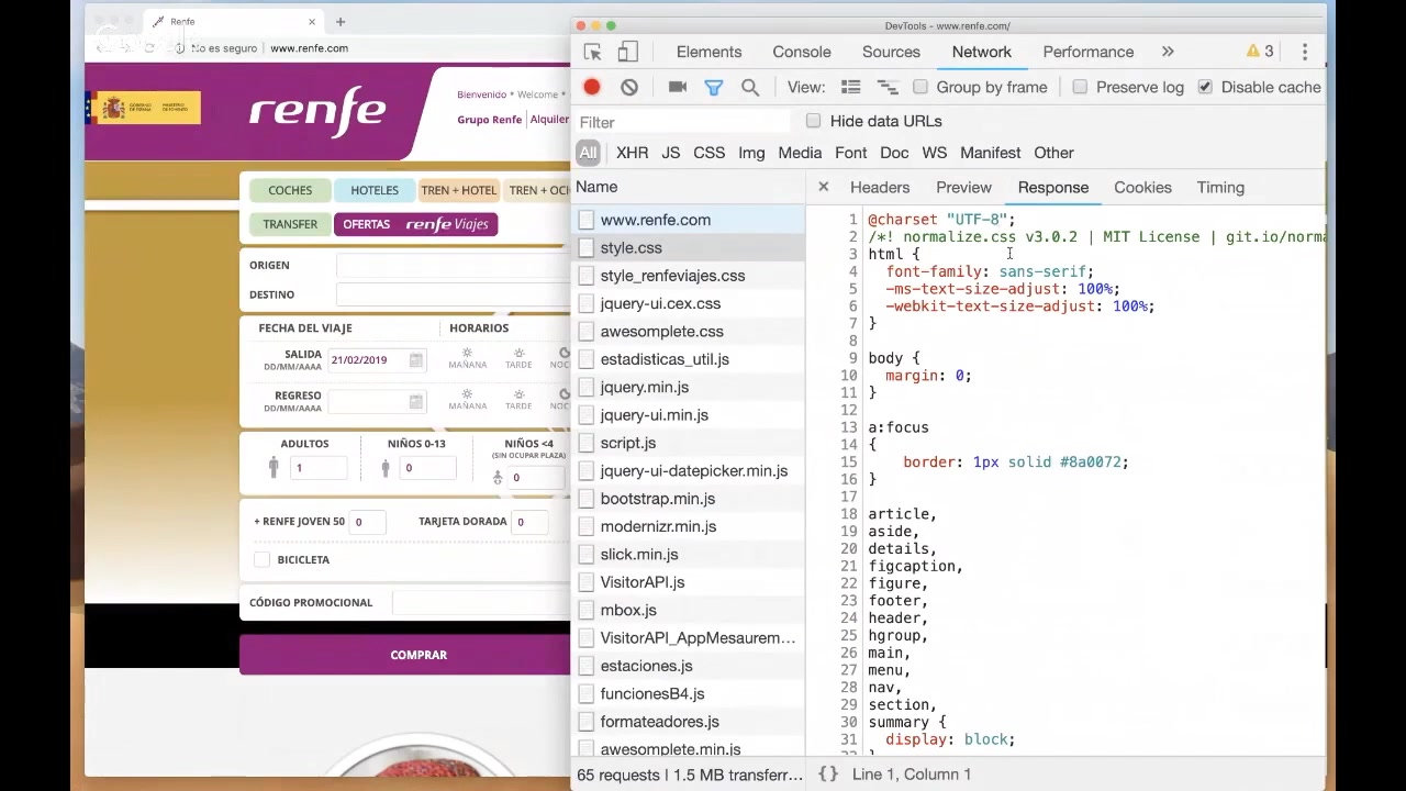 CSS sin minificar en Renfe.com