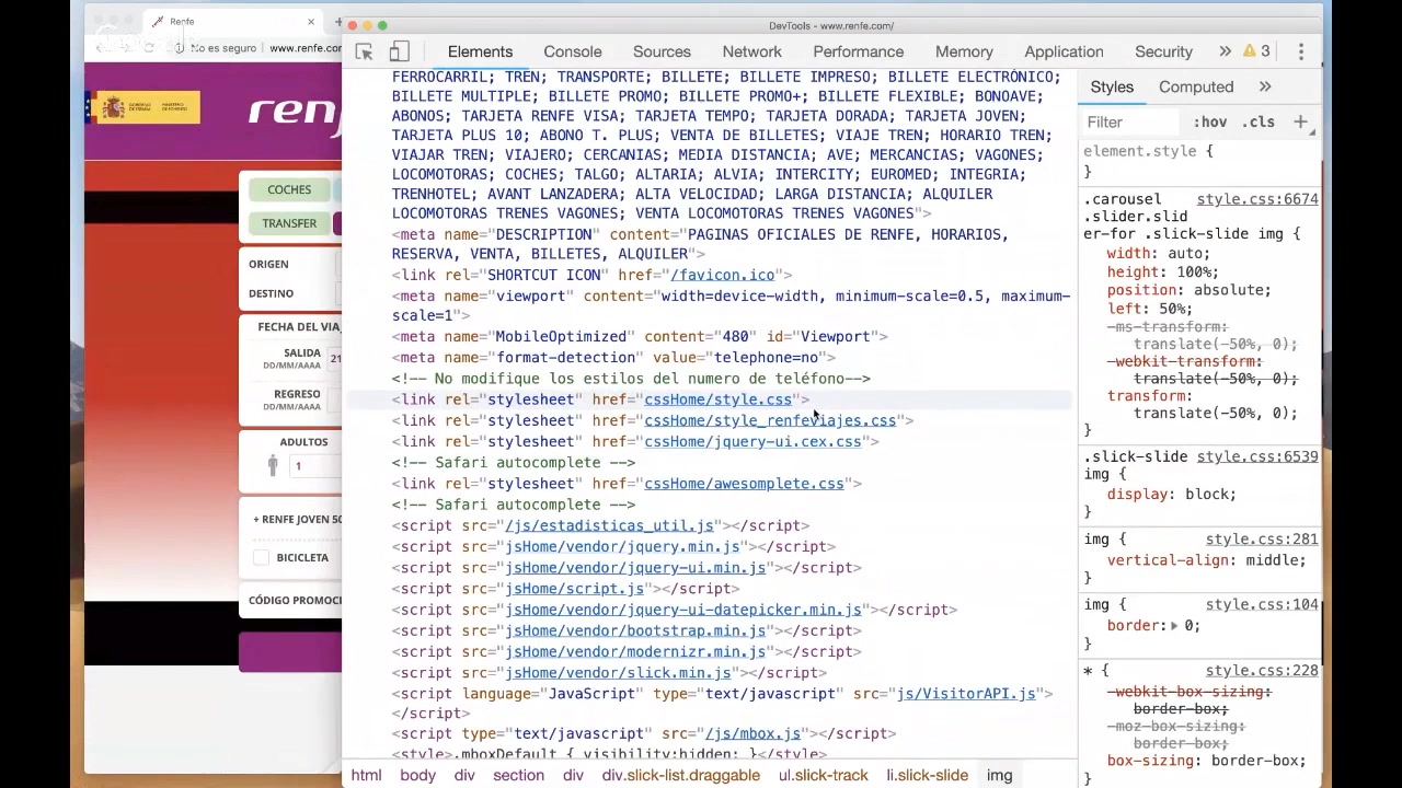 Múltiples CSS bloqueantes en Renfe.com