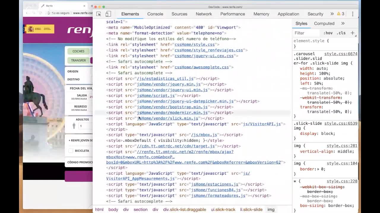 JS bloqueantes justo después del CSS en Renfe.com