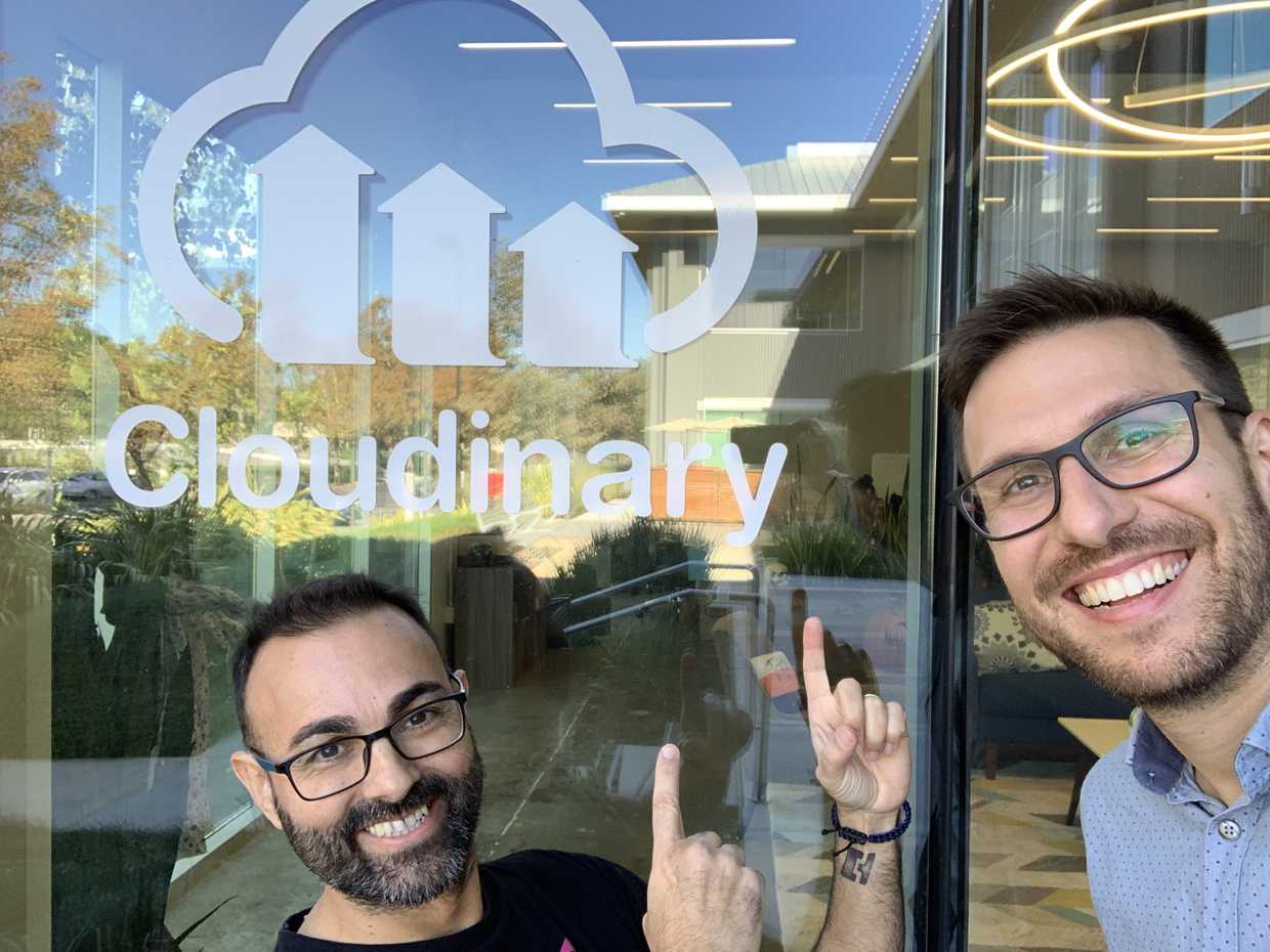 Joan and Jose at the door of the Cloudinary office in Santa Clara