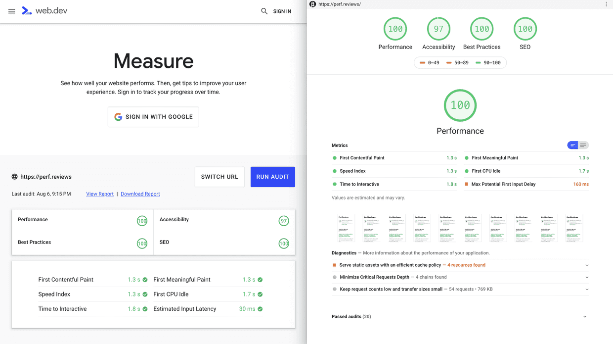 Performance report of perf.reviews using the online version of Lighthouse at https://web.dev/measure. Overview and report view.