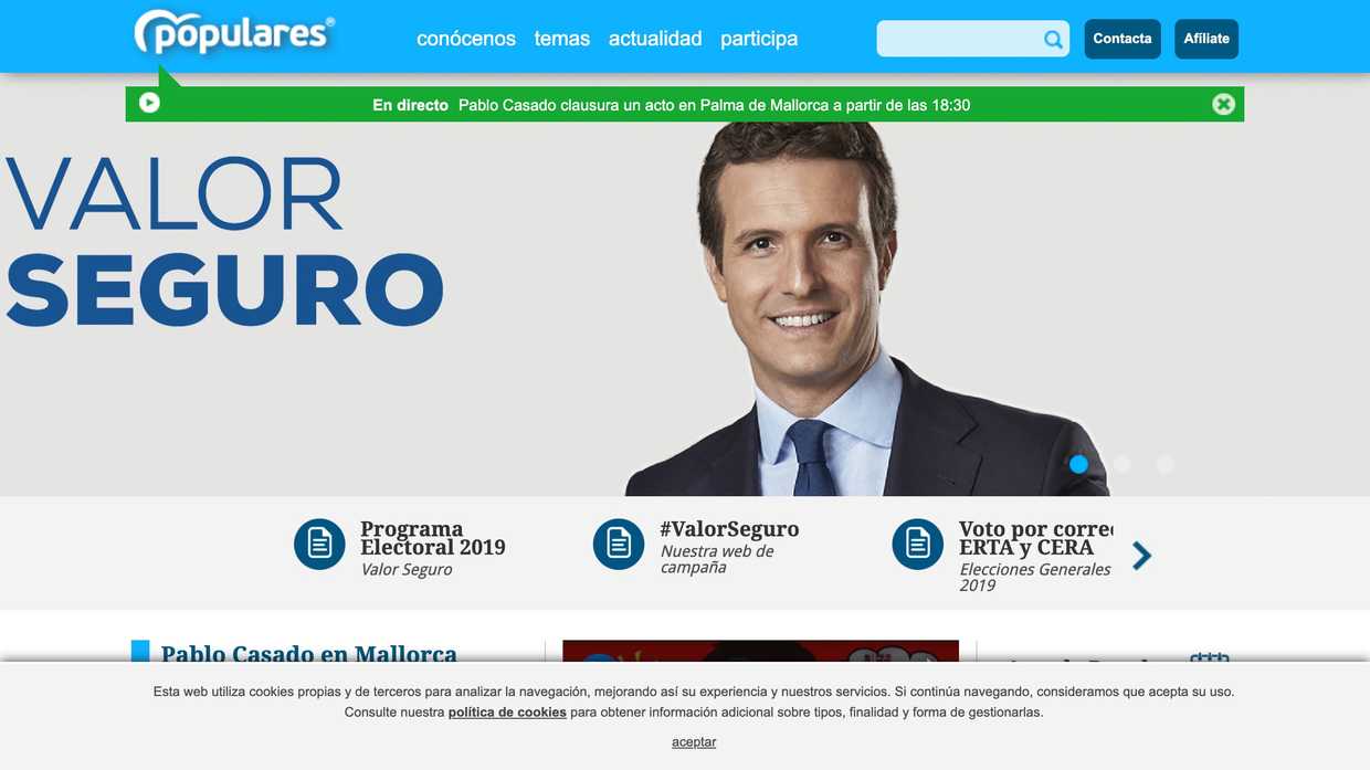 Captura de pantalla de la web del Partido Popular