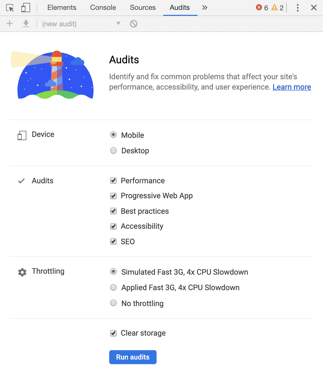 Detalle del panel Audit en las herramientas de desarrollador de Google Chrome
